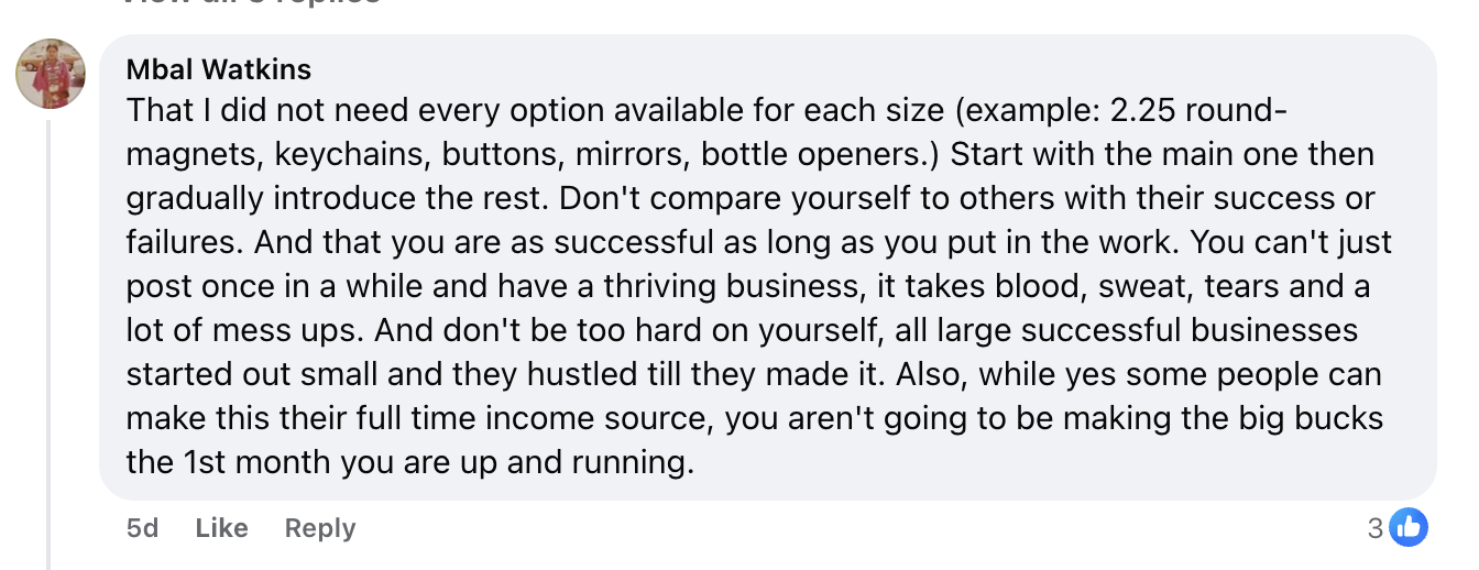 Community advice from Mbal about not comparing yourself